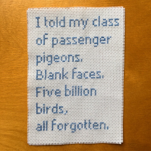 passenger pigeons, cross-stitch in cotton, Timo Rissanen 2016